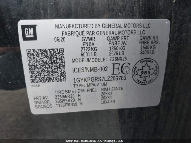 1GYKPGRS7LZ206783 Cadillac lgx, vvt, alum, gen 2