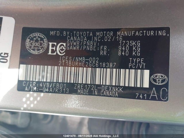 2T1BURHE2GC618387 Toyota 2zr-fe