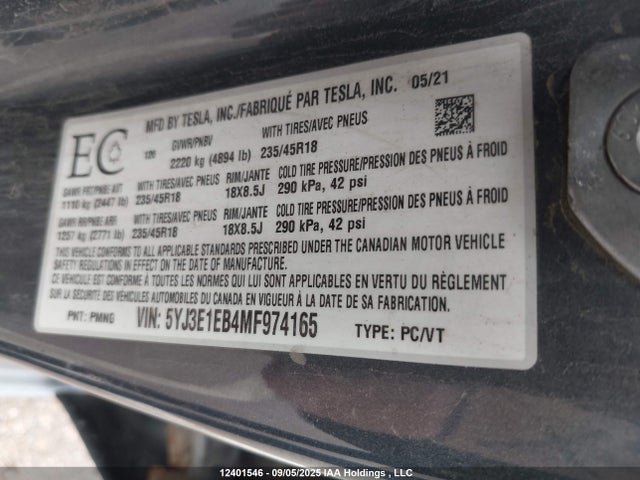 Tesla MODEL 3 2021 5YJ3E1EB4MF974165 Image 9