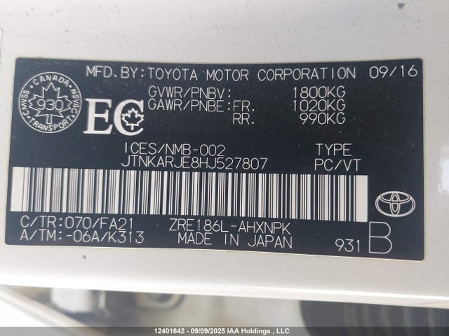 JTNKARJE8HJ527807 Toyota 2zr-fae