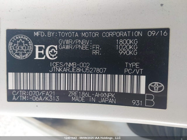 JTNKARJE8HJ527807 Toyota 2zr-fae