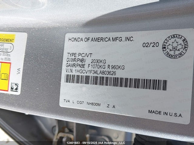 1HGCV1F34LA803626 Honda l15be