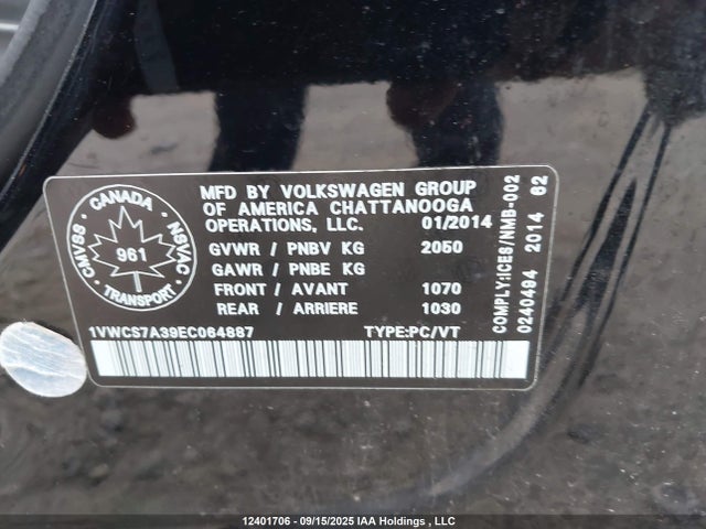Volkswagen Passat 2014 1VWCS7A39EC064887 Image 9