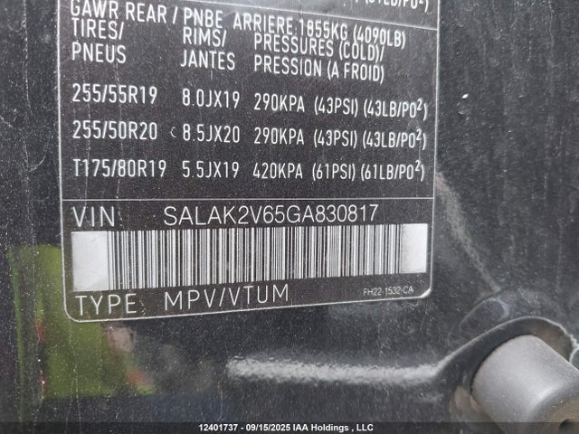SALAK2V65GA830817 Land Rover s/c lev2 ulev