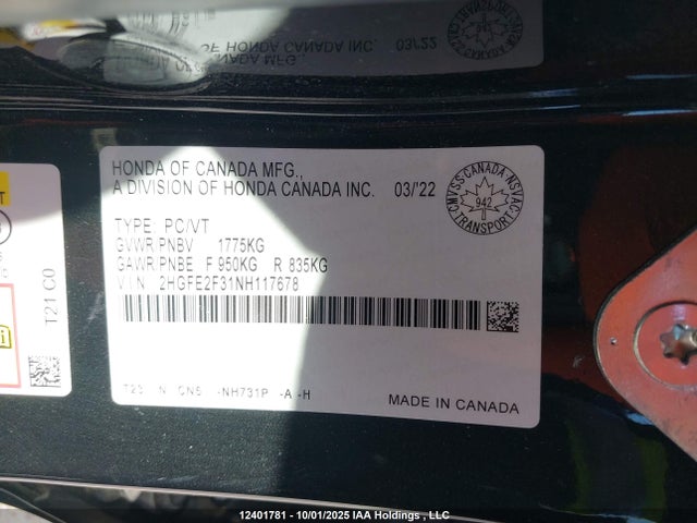 Honda Civic 2022 2HGFE2F31NH117678 Image 9