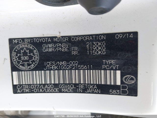 Lexus 2gr-fe 2015 JTHBK1GG2F2155611 Image 9