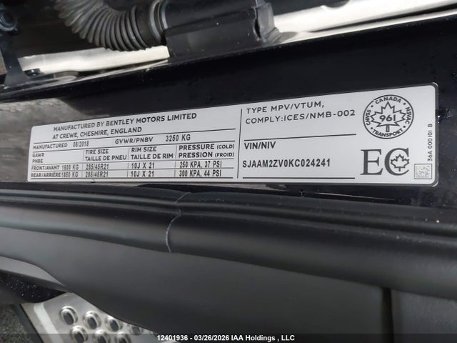 Bentley Bentayga V8 2019 SJAAM2ZV0KC024241 Image 9