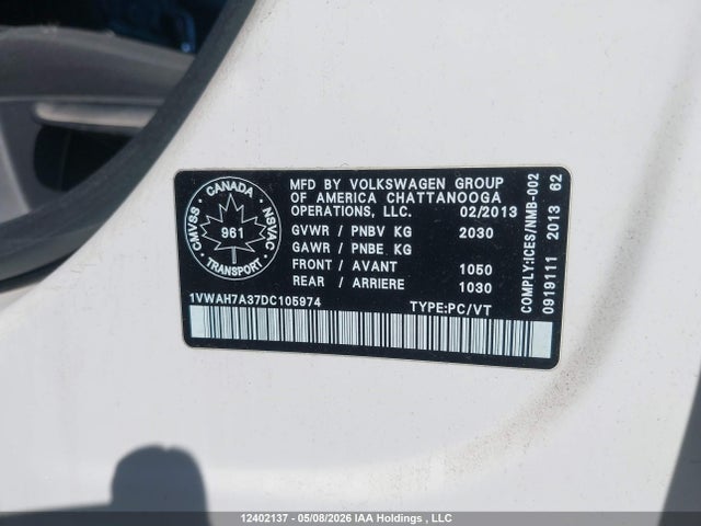 12402137 :رقم المزاد ، 1VWAH7A37DC105974 vin ، 2013 Volkswagen Passat 2.5l Trendline مزاد بيع