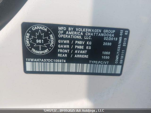 12402137 :رقم المزاد ، 1VWAH7A37DC105974 vin ، 2013 Volkswagen Passat 2.5l Trendline مزاد بيع