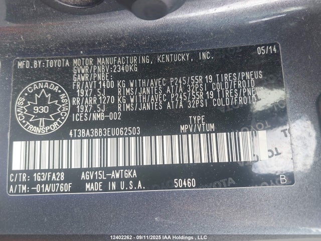 Toyota 1ar-fe 2014 4T3BA3BB3EU062503 Image 9