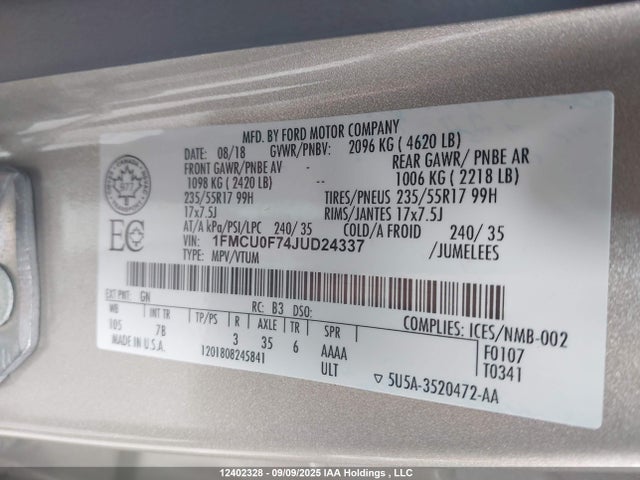 Ford 2.5l i-vct 2018 1FMCU0F74JUD24337 Image 9