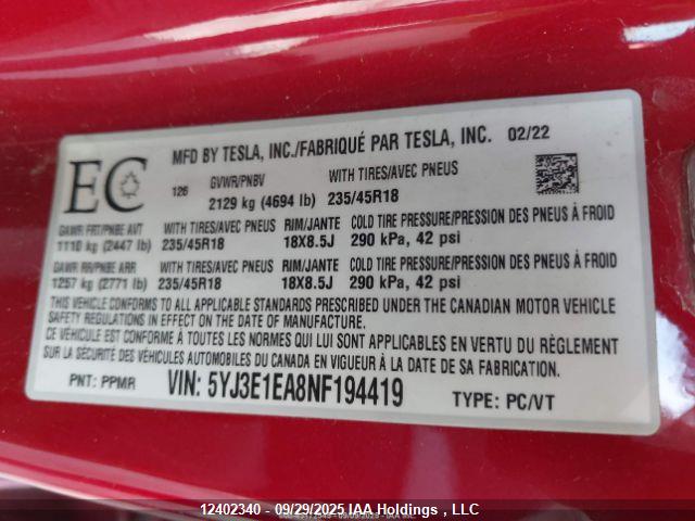 5YJ3E1EA8NF194419 Tesla MODEL 3