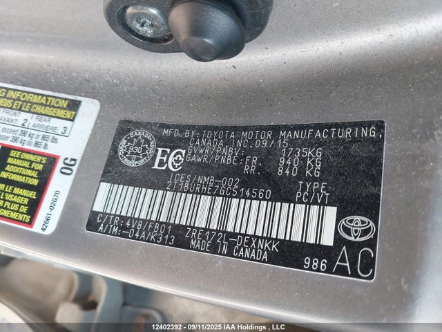 2T1BURHE7GC514560 Toyota 2zr-fe