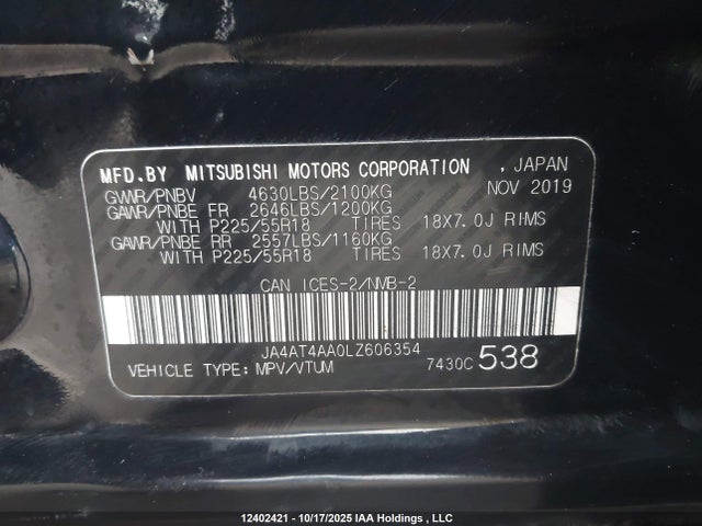Продаж на аукціоні авто 2020 Mitsubishi Eclipse Cross Le/sp, vin: JA4AT4AA0LZ606354, номер лоту: 12402421