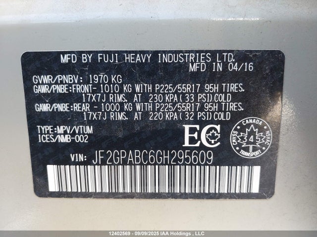 JF2GPABC6GH295609 Subaru naturally aspirated