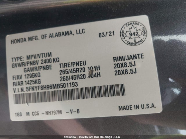 Honda j35y6 2021 5FNYF8H96MB501193 Image 9