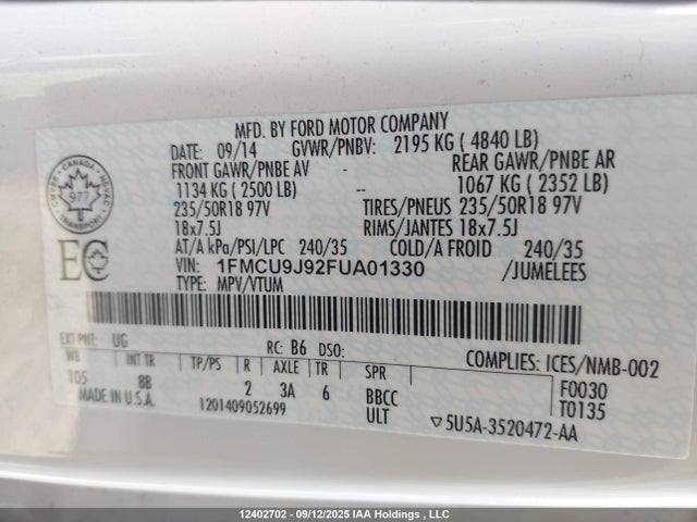Ford Escape 2015 1FMCU9J92FUA01330 Image 9