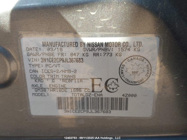 3N1CE2CP9JL367683 Nissan Versa Note S/sr/sv