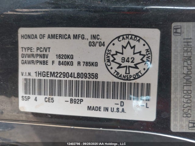 Продажа на аукционе авто 2004 Honda Civic Ex, vin: 1HGEM22904L809358, номер лота: 12402786