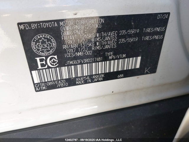 2024 Toyota Rav4 Prime Xse მანქანა იყიდება აუქციონზე, vin: JTMGB3FV3RD217481, აუქციონის ნომერი: 12402797