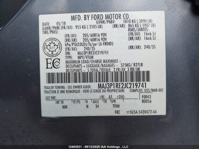 MAJ3P1RE2JC219741 Ford Ecosport