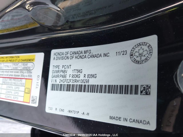 Honda k20c2 2024 2HGFE2F35RH106298 Image 9