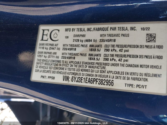 5YJ3E1EA6PF382956 Tesla MODEL 3