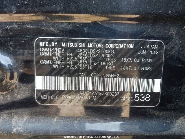 Mitsubishi tc/ic mivec 2019 JA4AT4AA1KZ600237 Image 9