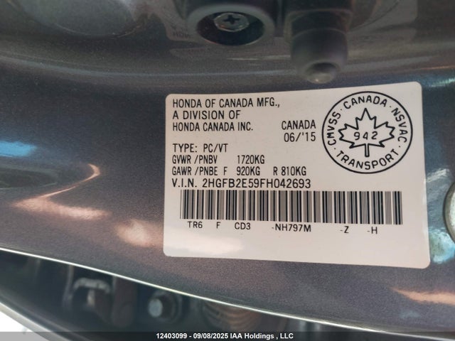 Honda r18z1 2015 2HGFB2E59FH042693 Image 9