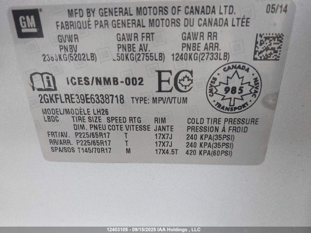 GMC lfx - vvt, e85 max, aluminum 2014 2GKFLRE39E6338718 Image 9