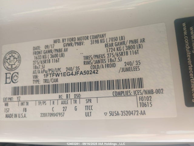 Ford 3.5l gtdi 2018 1FTFW1EG4JFA50242 Image 9