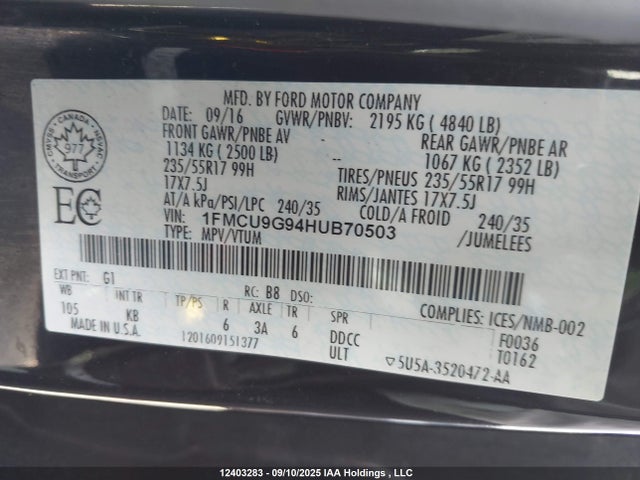 1FMCU9G94HUB70503 Ford 2017