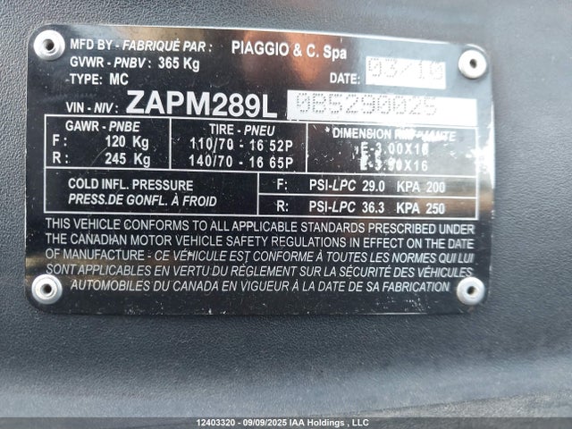 Aukcja sprzedaży 2011 Piaggio Bv 250, vin: ZAPM289L0B5290025, numer aukcji: 12403320
