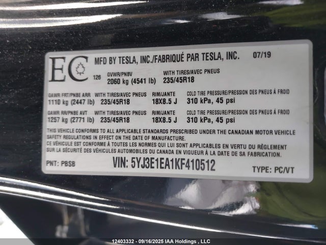 5YJ3E1EA1KF410512 Tesla 2019