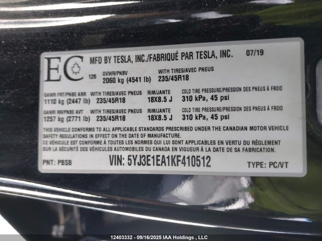 5YJ3E1EA1KF410512 Tesla 2019