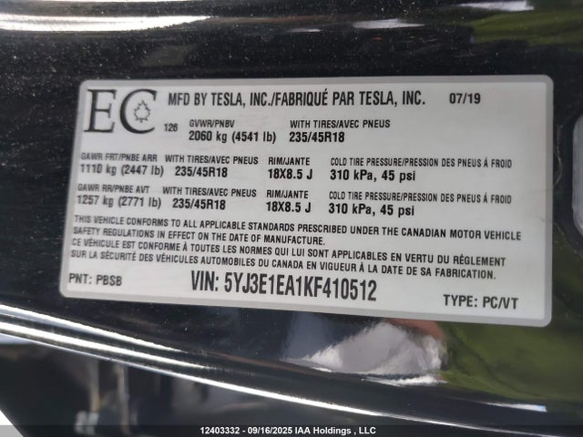 5YJ3E1EA1KF410512 Tesla 2019