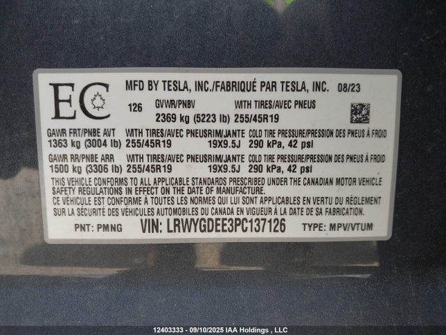 Aukcja sprzedaży 2023 Tesla Model Y Long Range, vin: LRWYGDEE3PC137126, numer aukcji: 12403333