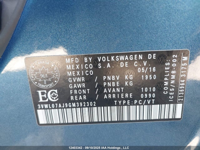 3VWL07AJ9GM392302 Volkswagen 2016