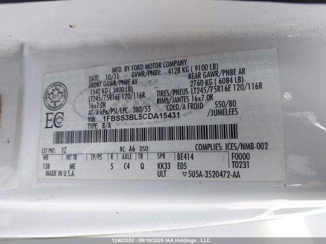 12403352 :رقم المزاد ، 1FBSS3BL5CDA15431 vin ، 2012 Ford E-350 Super Duty Xlt مزاد بيع