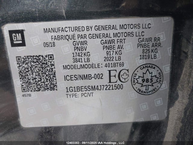 1G1BE5SM4J7221500 Chevrolet le2 -di: direct injection, vvt: variable valve timing, gen, alum