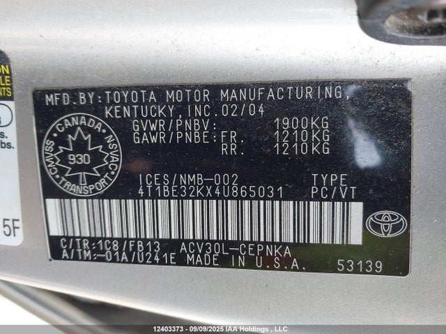 2004 Toyota Camry Le/se/xle მანქანა იყიდება აუქციონზე, vin: 4T1BE32KX4U865031, აუქციონის ნომერი: 12403373