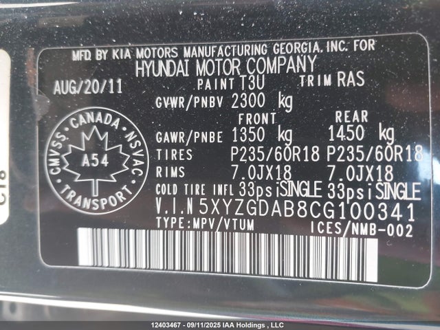 12403467 :رقم المزاد ، 5XYZGDAB8CG100341 vin ، 2012 Hyundai Santa Fe Gls مزاد بيع