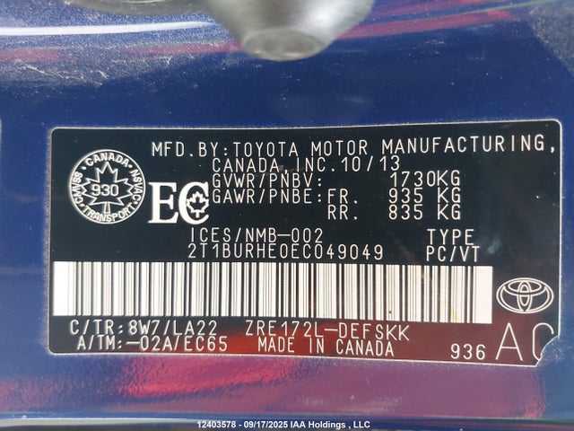 Toyota 2zr-fe 2014 2T1BURHE0EC049049 Image 9