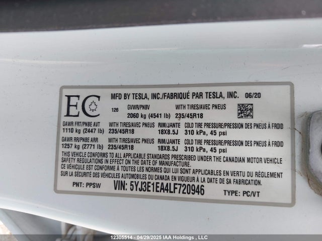5YJ3E1EA4LF720946 Tesla MODEL 3