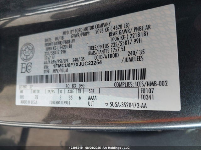 Ford 2.5l i-vct 2018 1FMCU0F7XJUC23254 Image 9