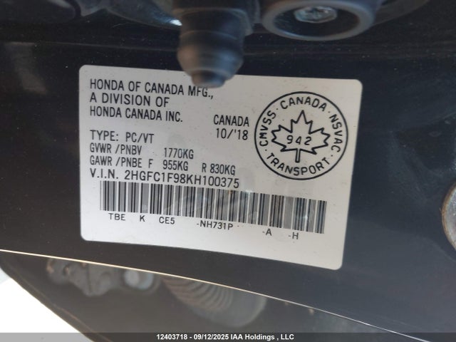 2HGFC1F98KH100375 Honda l15b7/l15by