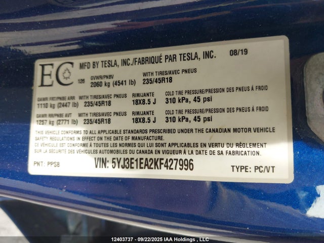 Tesla MODEL 3 2019 5YJ3E1EA2KF427996 Image 9