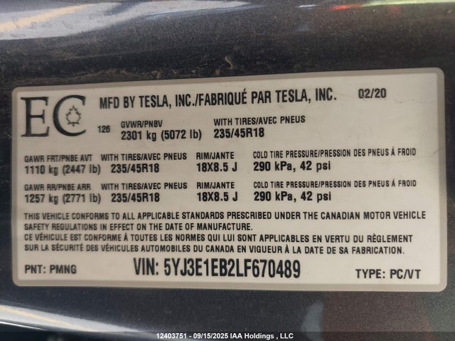 Tesla MODEL 3 2020 5YJ3E1EB2LF670489 Image 9