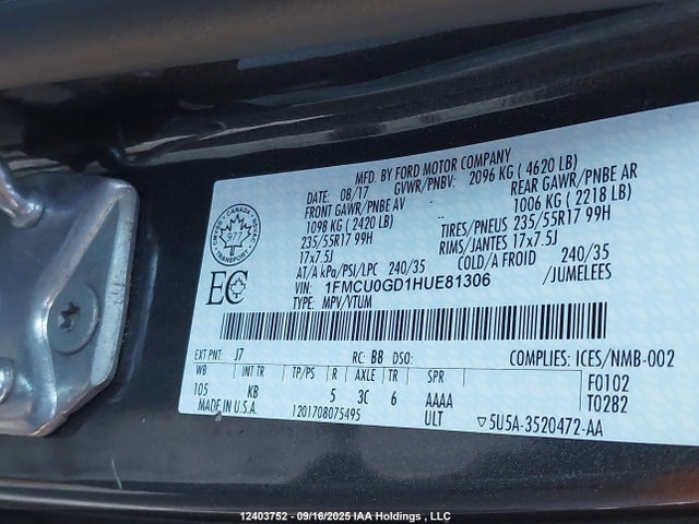 1FMCU0GD1HUE81306 Ford gtdi sigma w/premium fuel