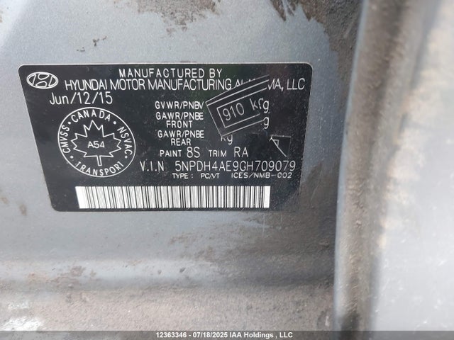 Hyundai dohc mpi nu 2016 5NPDH4AE9GH709079 Image 9